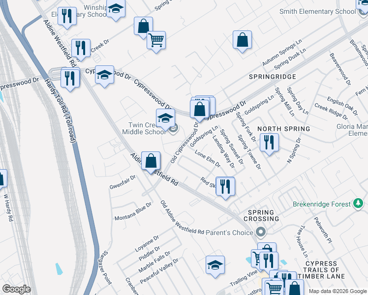 map of restaurants, bars, coffee shops, grocery stores, and more near 24211 Lone Elm Drive in Spring