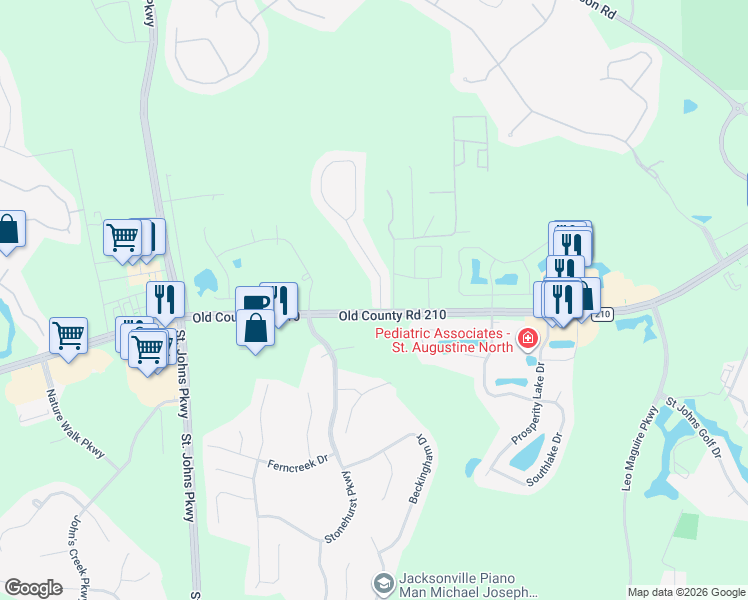 map of restaurants, bars, coffee shops, grocery stores, and more near 101 Johns Glen Drive in Jacksonville