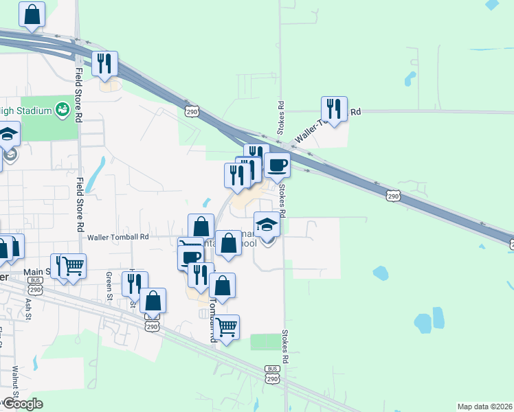 map of restaurants, bars, coffee shops, grocery stores, and more near 31200 Farm to Market 2920 in Waller
