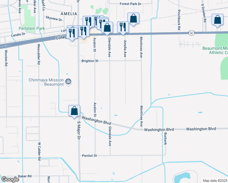map of restaurants, bars, coffee shops, grocery stores, and more near 1695 Glendale Avenue in Beaumont