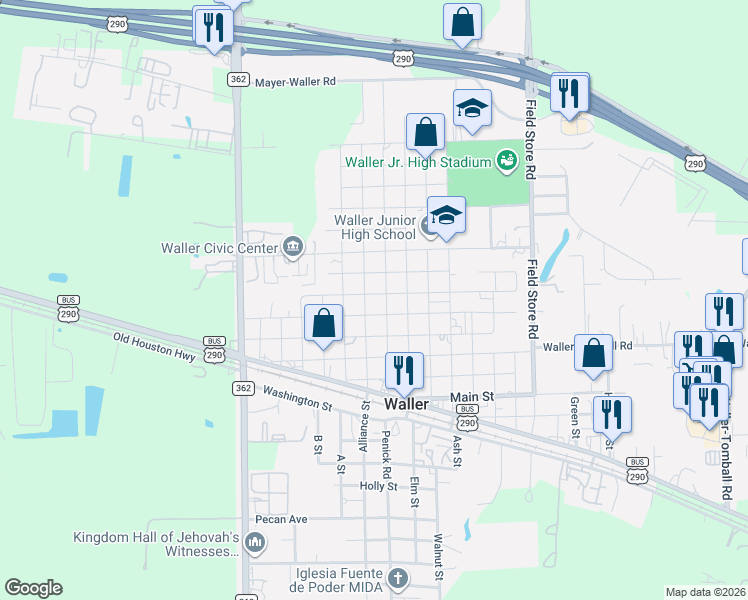 map of restaurants, bars, coffee shops, grocery stores, and more near 1503 Penick Road in Waller