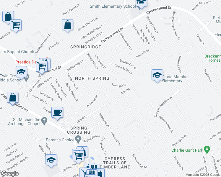 map of restaurants, bars, coffee shops, grocery stores, and more near 23822 Spring Gum Drive in Spring