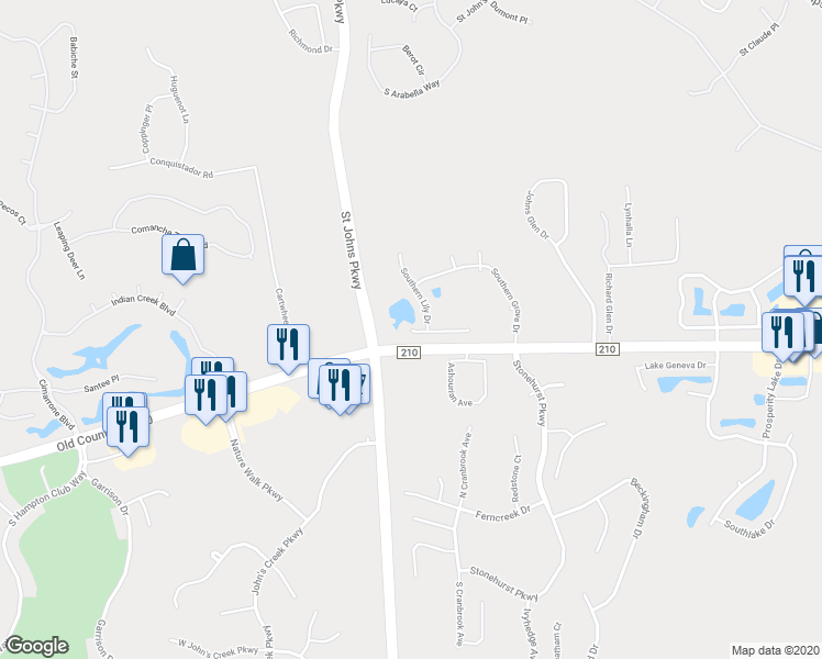 map of restaurants, bars, coffee shops, grocery stores, and more near 837 Southern Belle Drive West in Saint Johns