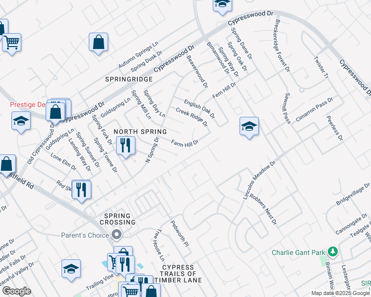 map of restaurants, bars, coffee shops, grocery stores, and more near in Spring