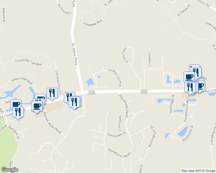map of restaurants, bars, coffee shops, grocery stores, and more near 837 Southern Belle Drive East in Saint Johns