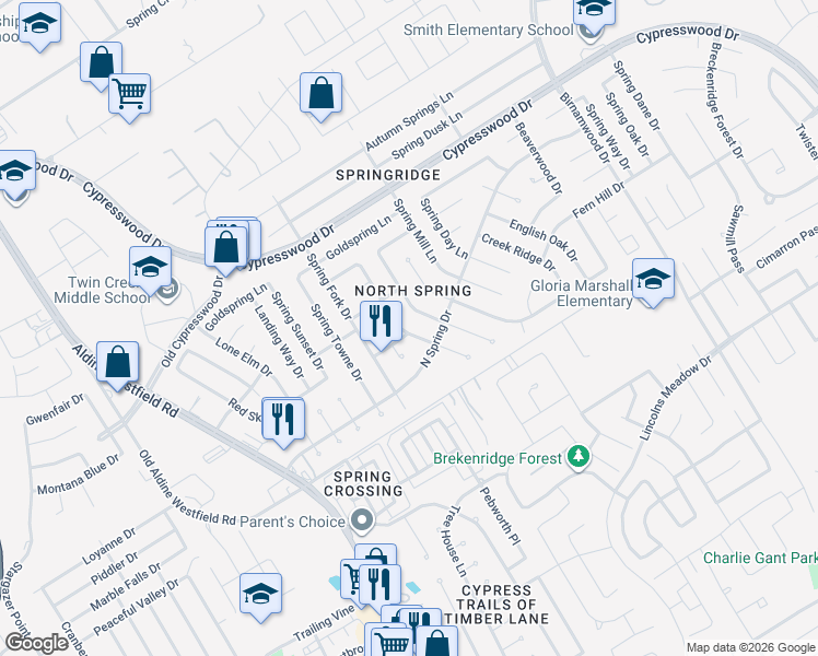 map of restaurants, bars, coffee shops, grocery stores, and more near 23918 Conefall Court in Spring