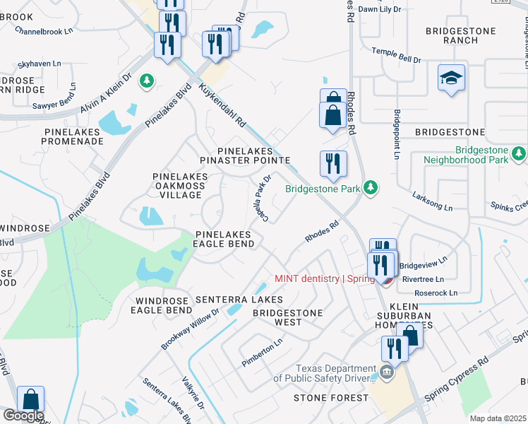 map of restaurants, bars, coffee shops, grocery stores, and more near 5803 Capella Park Drive in Spring
