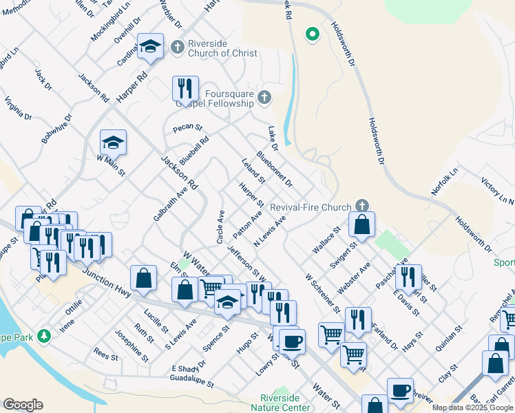 map of restaurants, bars, coffee shops, grocery stores, and more near 505 Harper Street in Kerrville