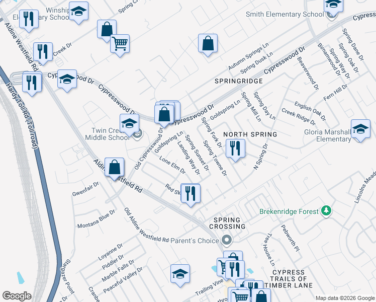 map of restaurants, bars, coffee shops, grocery stores, and more near 24126 Landing Way Drive in Spring