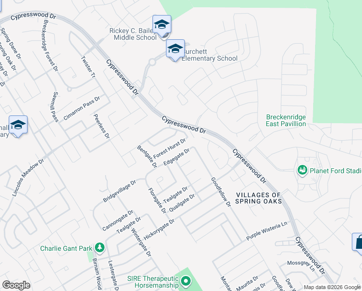 map of restaurants, bars, coffee shops, grocery stores, and more near 5007 Edgegate Drive in Spring