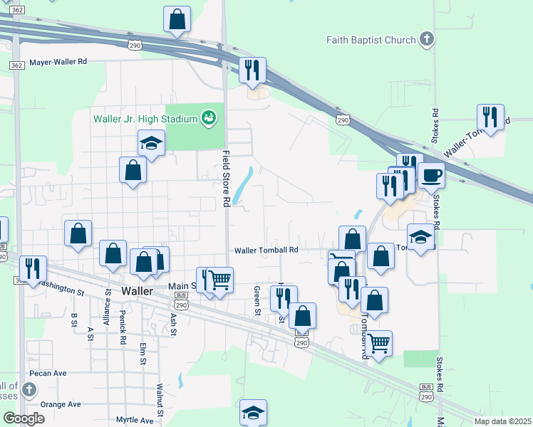 map of restaurants, bars, coffee shops, grocery stores, and more near 31816 Waller Tomball Road in Waller