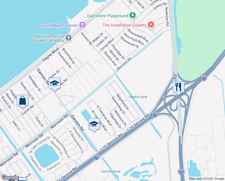 map of restaurants, bars, coffee shops, grocery stores, and more near 7170 Queensway Drive in New Orleans