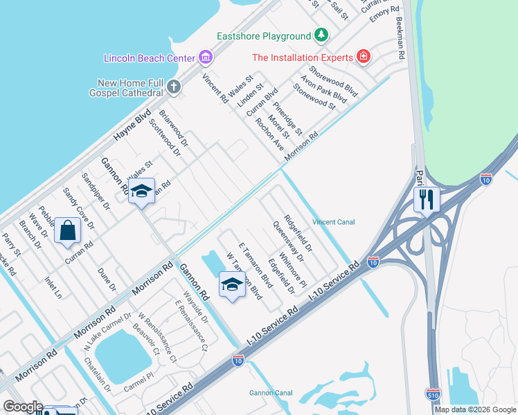 map of restaurants, bars, coffee shops, grocery stores, and more near 7170 Queensway Drive in New Orleans