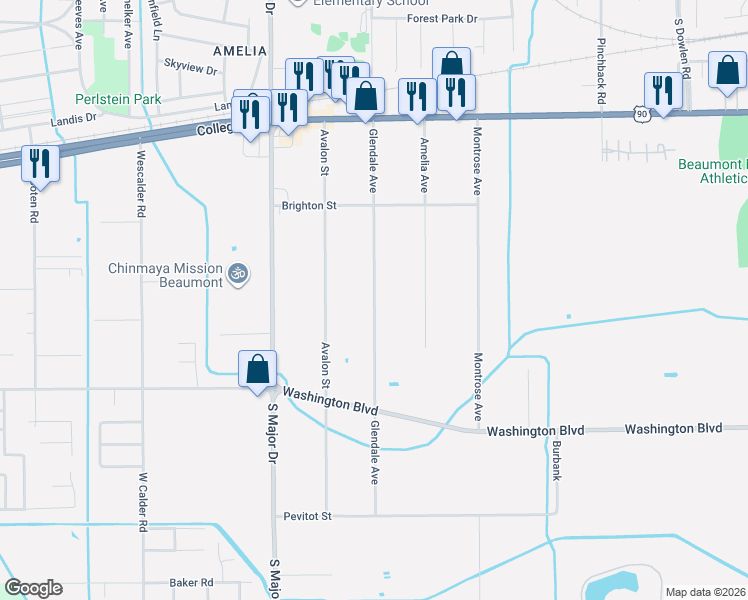 map of restaurants, bars, coffee shops, grocery stores, and more near 1695 Glendale Avenue in Beaumont