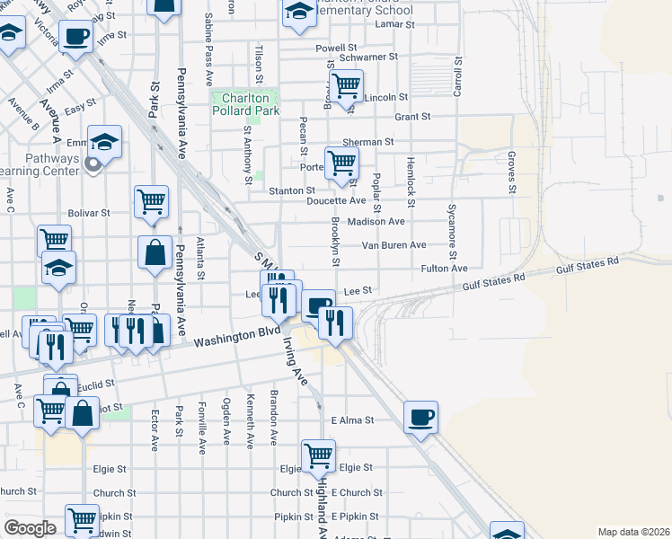 map of restaurants, bars, coffee shops, grocery stores, and more near 899 Fulton Avenue in Beaumont