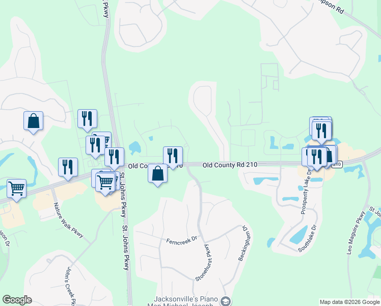 map of restaurants, bars, coffee shops, grocery stores, and more near 110 Southern Grove Drive in Saint Johns