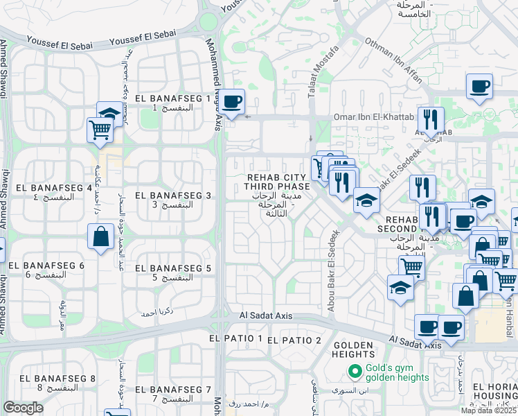 map of restaurants, bars, coffee shops, grocery stores, and more near in Second New Cairo