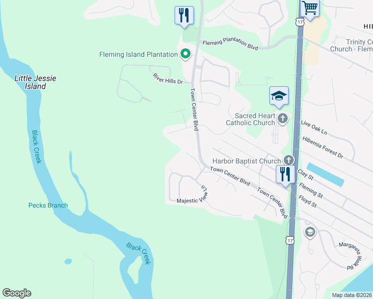 map of restaurants, bars, coffee shops, grocery stores, and more near 2518 Tall Cedars Road in Fleming Island
