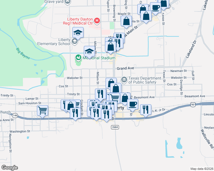 map of restaurants, bars, coffee shops, grocery stores, and more near 608 Travis Street in Liberty