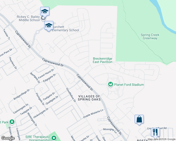 map of restaurants, bars, coffee shops, grocery stores, and more near 23300-23370 Cypresswood Drive in Spring