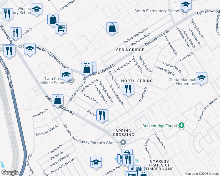 map of restaurants, bars, coffee shops, grocery stores, and more near 24202 Spring Towne Drive in Spring