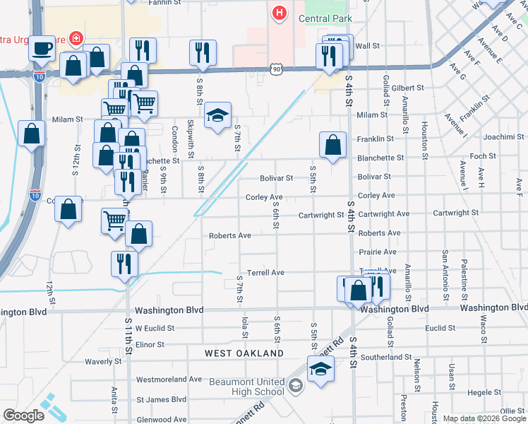 map of restaurants, bars, coffee shops, grocery stores, and more near 3115 Corley Street in Beaumont