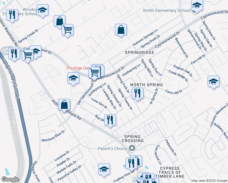 map of restaurants, bars, coffee shops, grocery stores, and more near 24202 Spring Sunset Drive in Spring