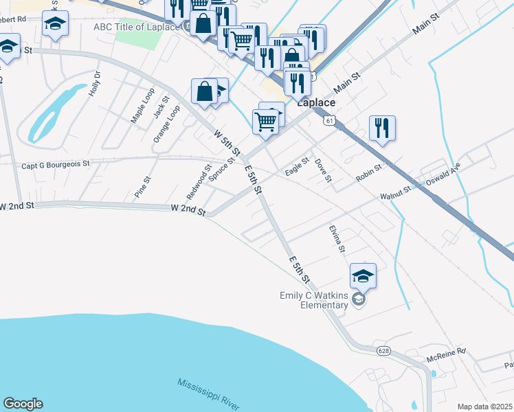 map of restaurants, bars, coffee shops, grocery stores, and more near 309 Cardinal Street in LaPlace