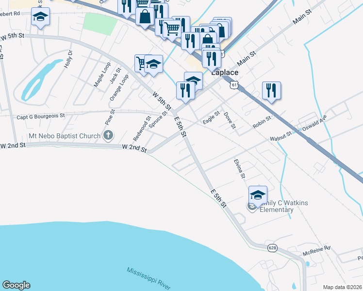 map of restaurants, bars, coffee shops, grocery stores, and more near 309 Cardinal Street in LaPlace