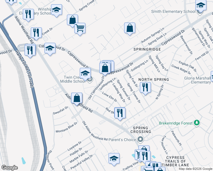 map of restaurants, bars, coffee shops, grocery stores, and more near 24239 Landing Way Drive in Spring