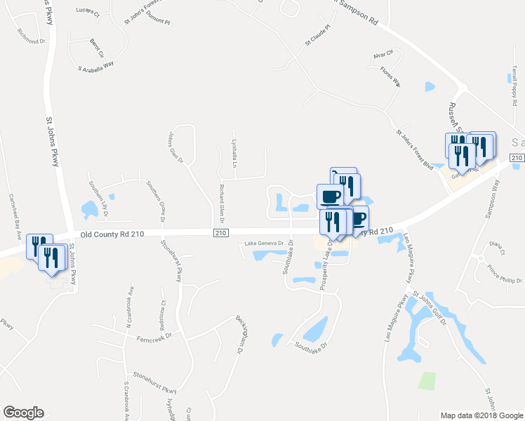map of restaurants, bars, coffee shops, grocery stores, and more near 233 Carolina Jasmine Lane in Saint Johns