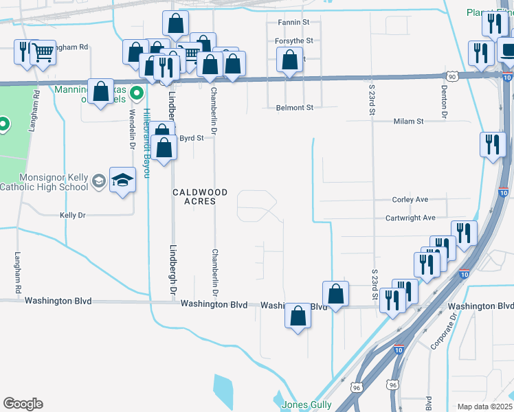 map of restaurants, bars, coffee shops, grocery stores, and more near 1425 Washington Village Parkway in Beaumont