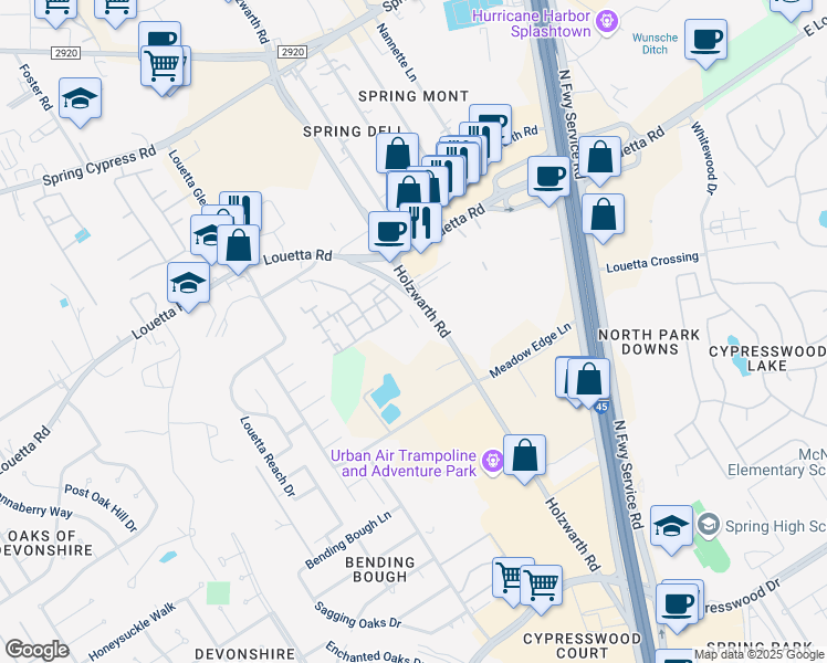 map of restaurants, bars, coffee shops, grocery stores, and more near 20305 Holzwarth Road in Spring
