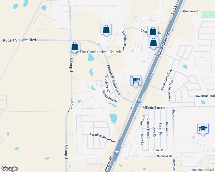 map of restaurants, bars, coffee shops, grocery stores, and more near 194c Fieldwood Drive in Buda