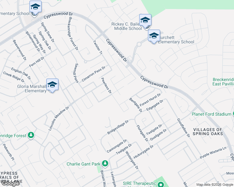 map of restaurants, bars, coffee shops, grocery stores, and more near 23223 Snowy Ridge Drive in Spring