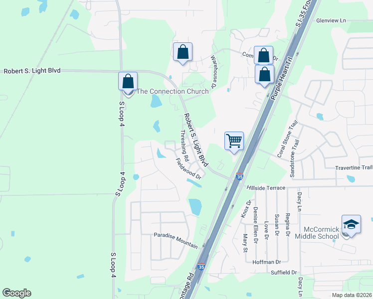 map of restaurants, bars, coffee shops, grocery stores, and more near 194c Fieldwood Drive in Buda