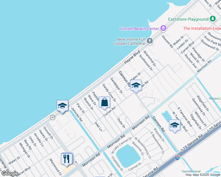 map of restaurants, bars, coffee shops, grocery stores, and more near 7950 Windward Court in New Orleans
