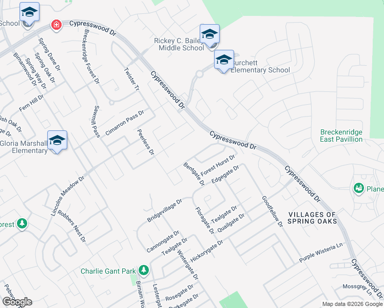 map of restaurants, bars, coffee shops, grocery stores, and more near 4835 Forest Hurst Glen in Spring