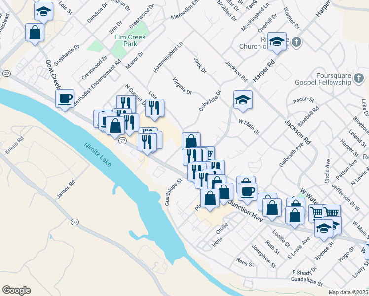 map of restaurants, bars, coffee shops, grocery stores, and more near 123 Commerce Street in Kerrville