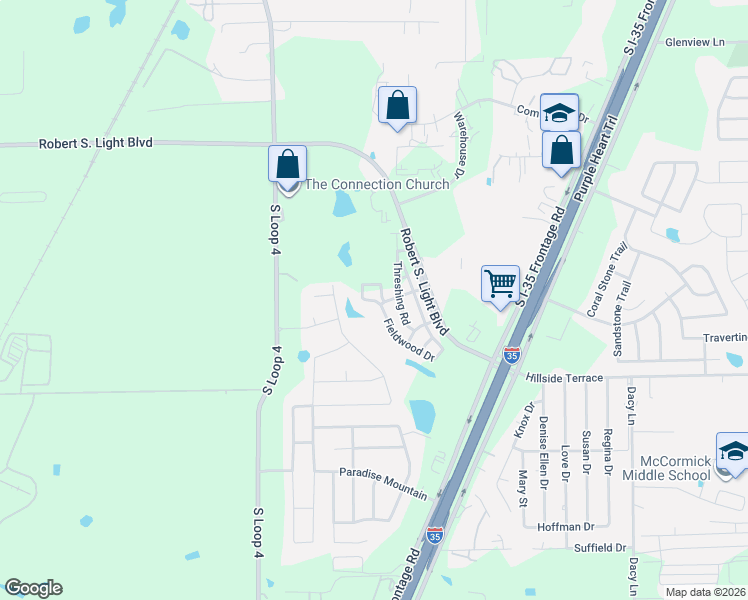 map of restaurants, bars, coffee shops, grocery stores, and more near 194c Fieldwood Drive in Buda