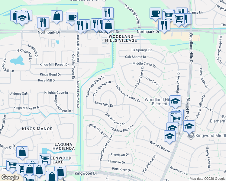 map of restaurants, bars, coffee shops, grocery stores, and more near 3407 Laurel Crest Court in Humble