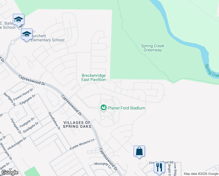 map of restaurants, bars, coffee shops, grocery stores, and more near Cypresswood Drive in Spring