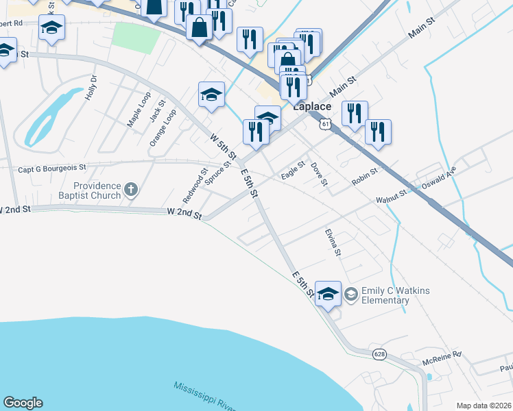 map of restaurants, bars, coffee shops, grocery stores, and more near 1152 Louisiana 628 in LaPlace