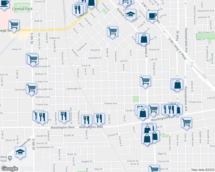 map of restaurants, bars, coffee shops, grocery stores, and more near 1860 Cartwright Street in Beaumont