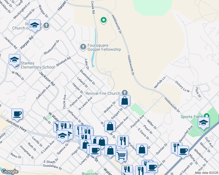 map of restaurants, bars, coffee shops, grocery stores, and more near 342 Lake Drive in Kerrville