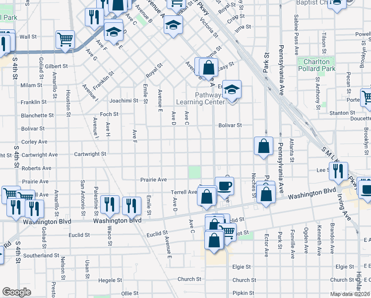 map of restaurants, bars, coffee shops, grocery stores, and more near 1610 Cartwright Street in Beaumont