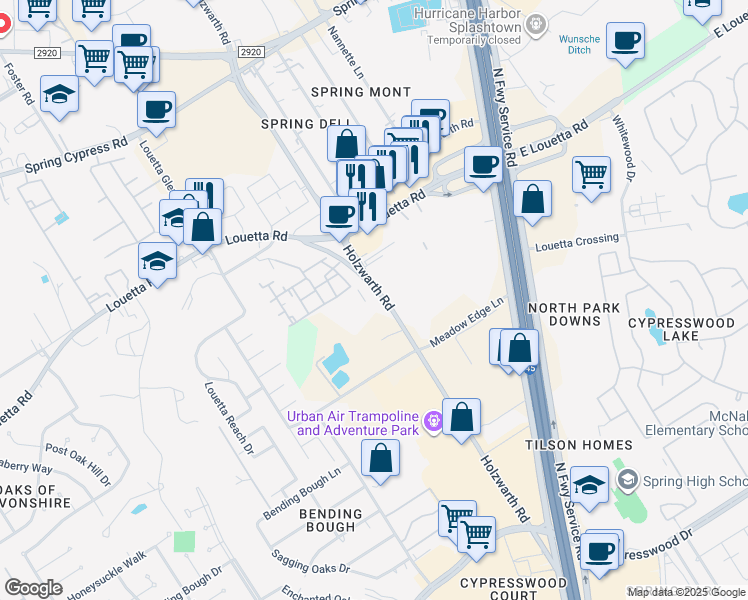 map of restaurants, bars, coffee shops, grocery stores, and more near 20305 Holzwarth Road in Spring