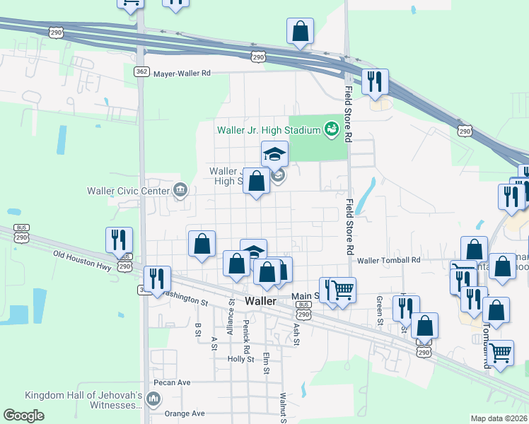 map of restaurants, bars, coffee shops, grocery stores, and more near 1618 Key Street in Waller