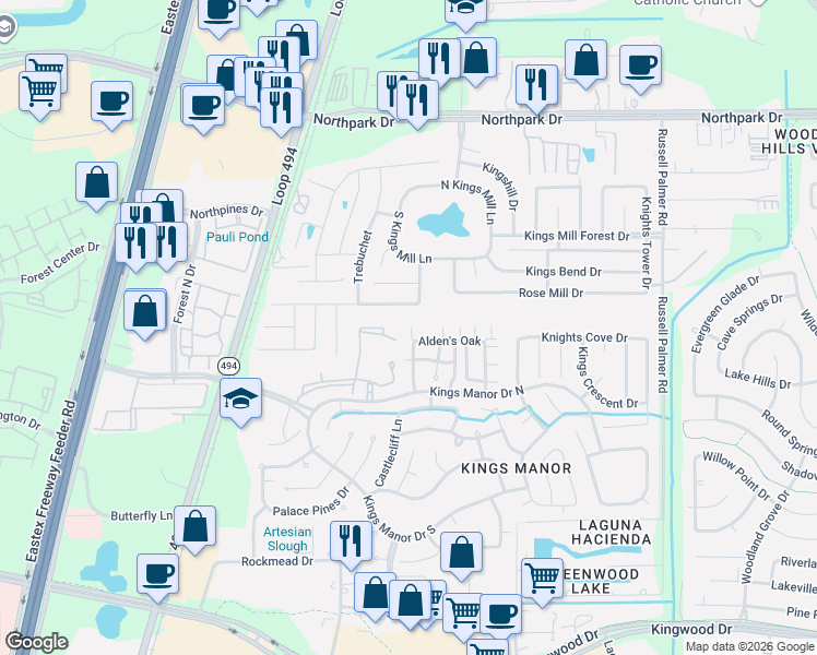 map of restaurants, bars, coffee shops, grocery stores, and more near 27600 Kings Manor Drive North in Humble