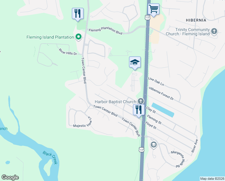 map of restaurants, bars, coffee shops, grocery stores, and more near 1346 Clay Street in Fleming Island